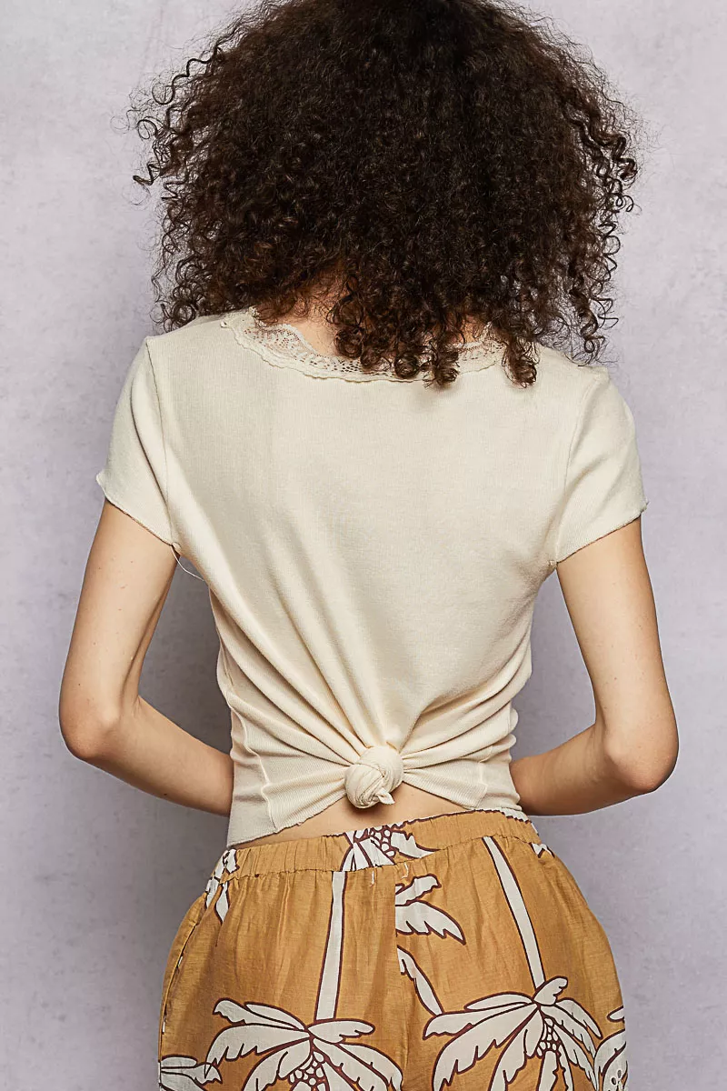 Round Neck Short Sleeve Crop T-Shirt with Lace Trim, image 4