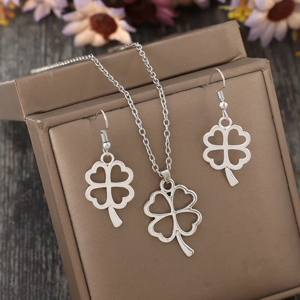 Lucky Clover Alloy Earrings and Necklace Jewelry Set, image 2