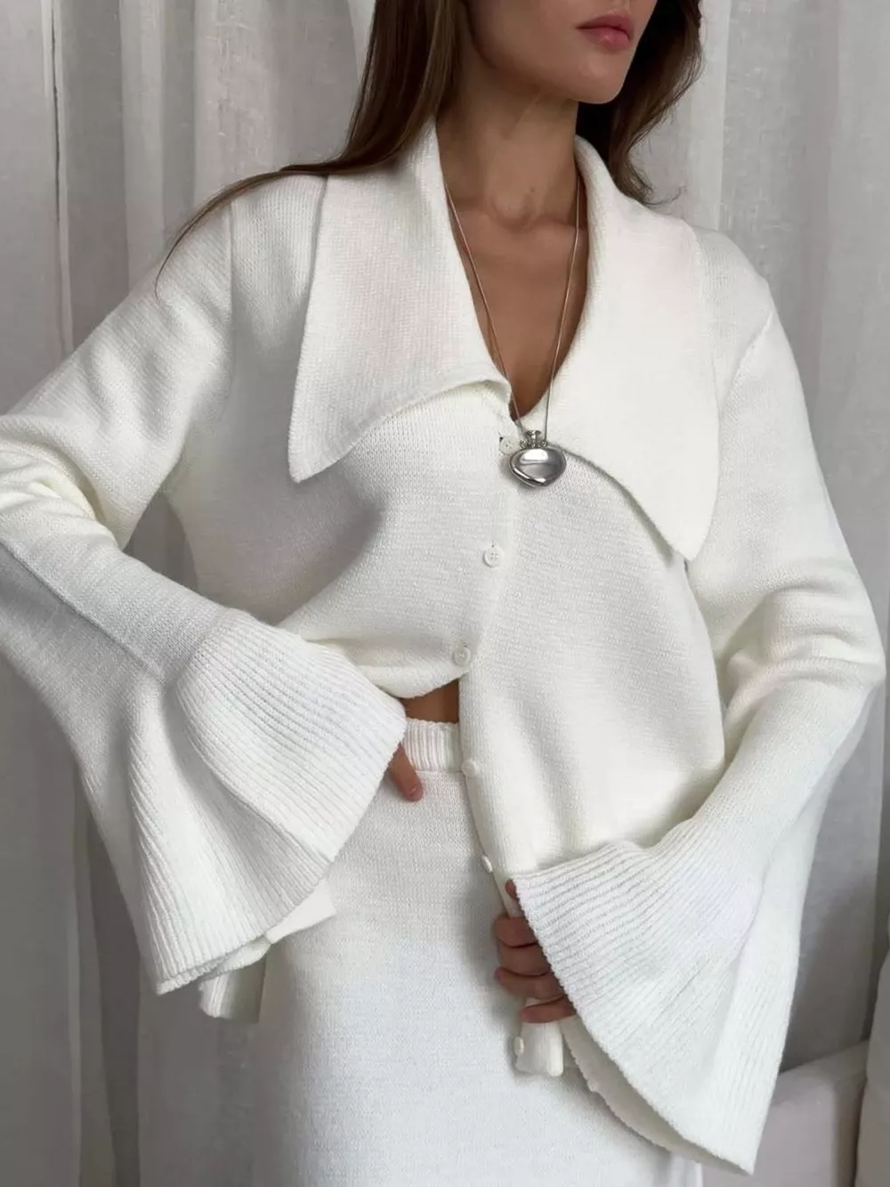 Button Down Long Sleeve Cardigan and Skirt Knit Set, image 6