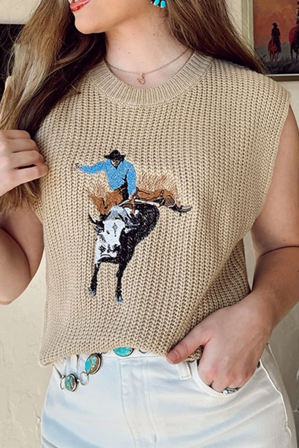 Western Cowboy Embroidery Round Neck Sleeveless Sweater, image 8