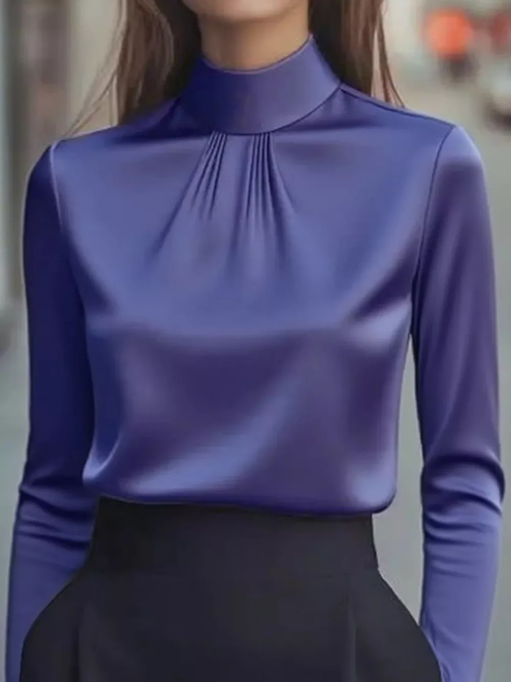 Mock Neck Long Sleeve Blouse with Pleated Detail, image 7