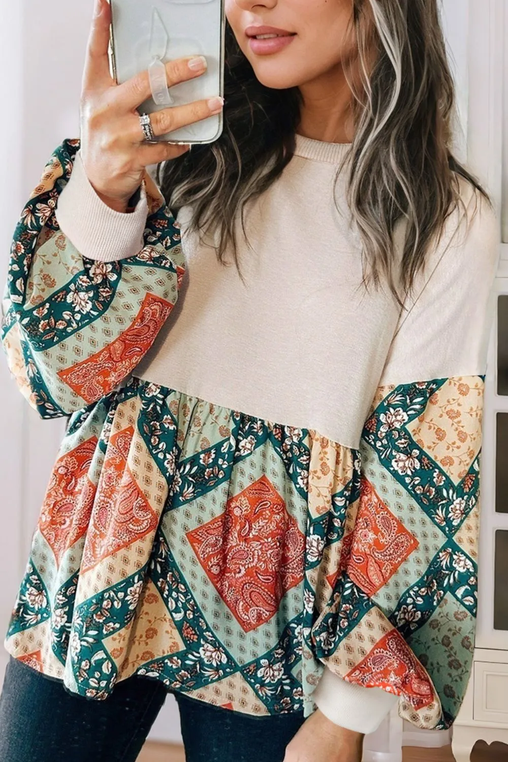 Printed Round Neck Long Sleeve Blouse, image 5