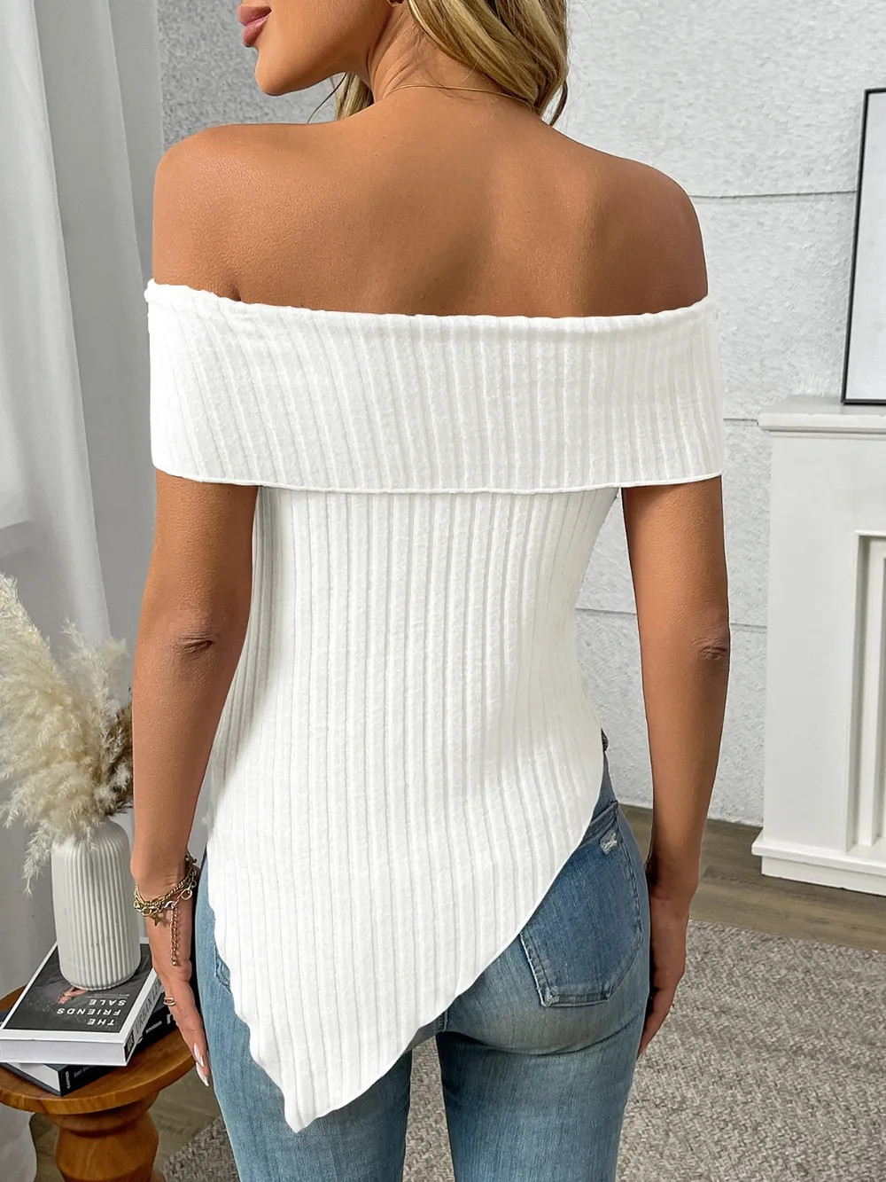 Ribbed Off-Shoulder Asymmetrical Hem T-Shirt, image 20