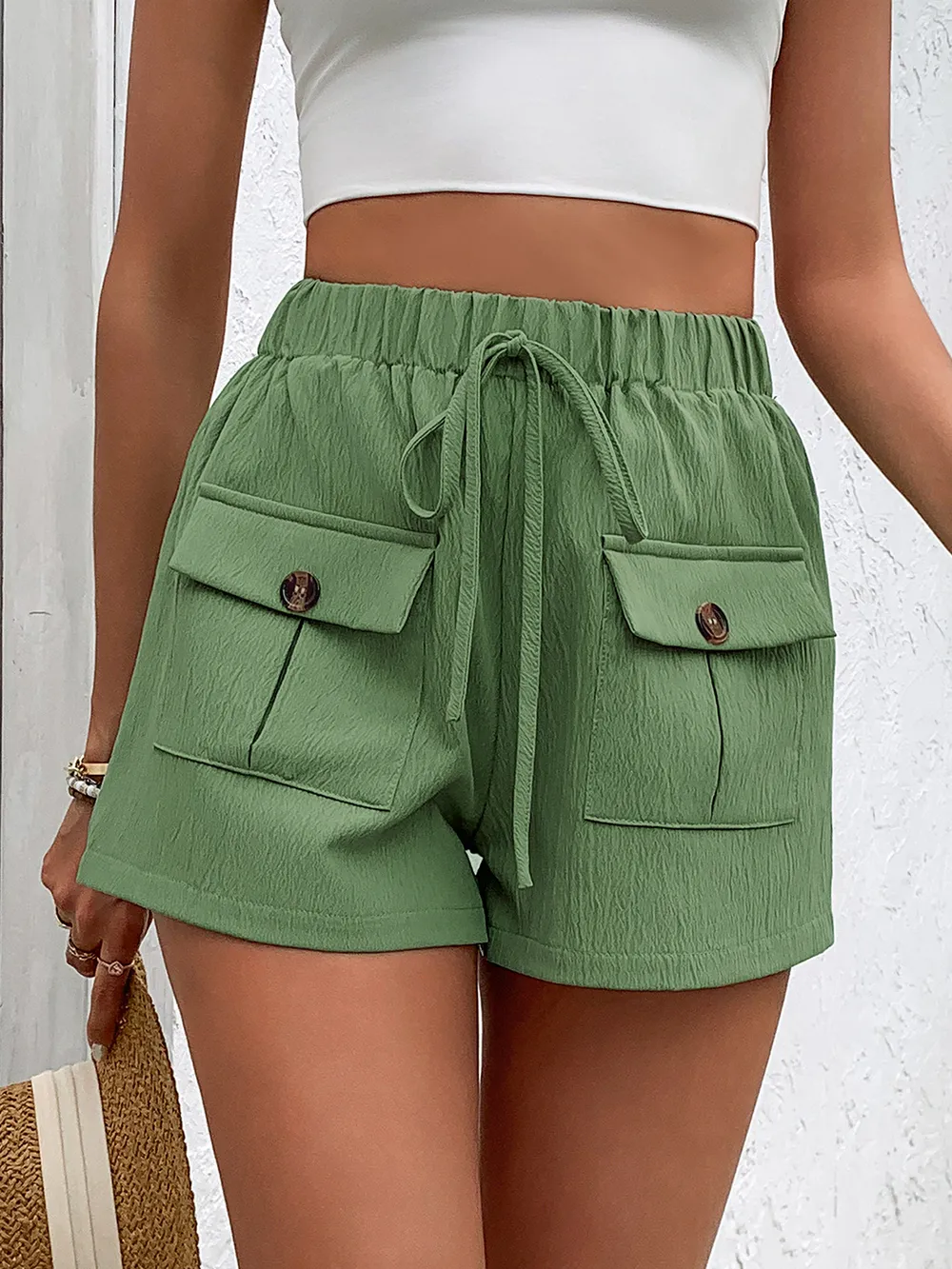Tied Elastic Waist Shorts with Pockets, image 5