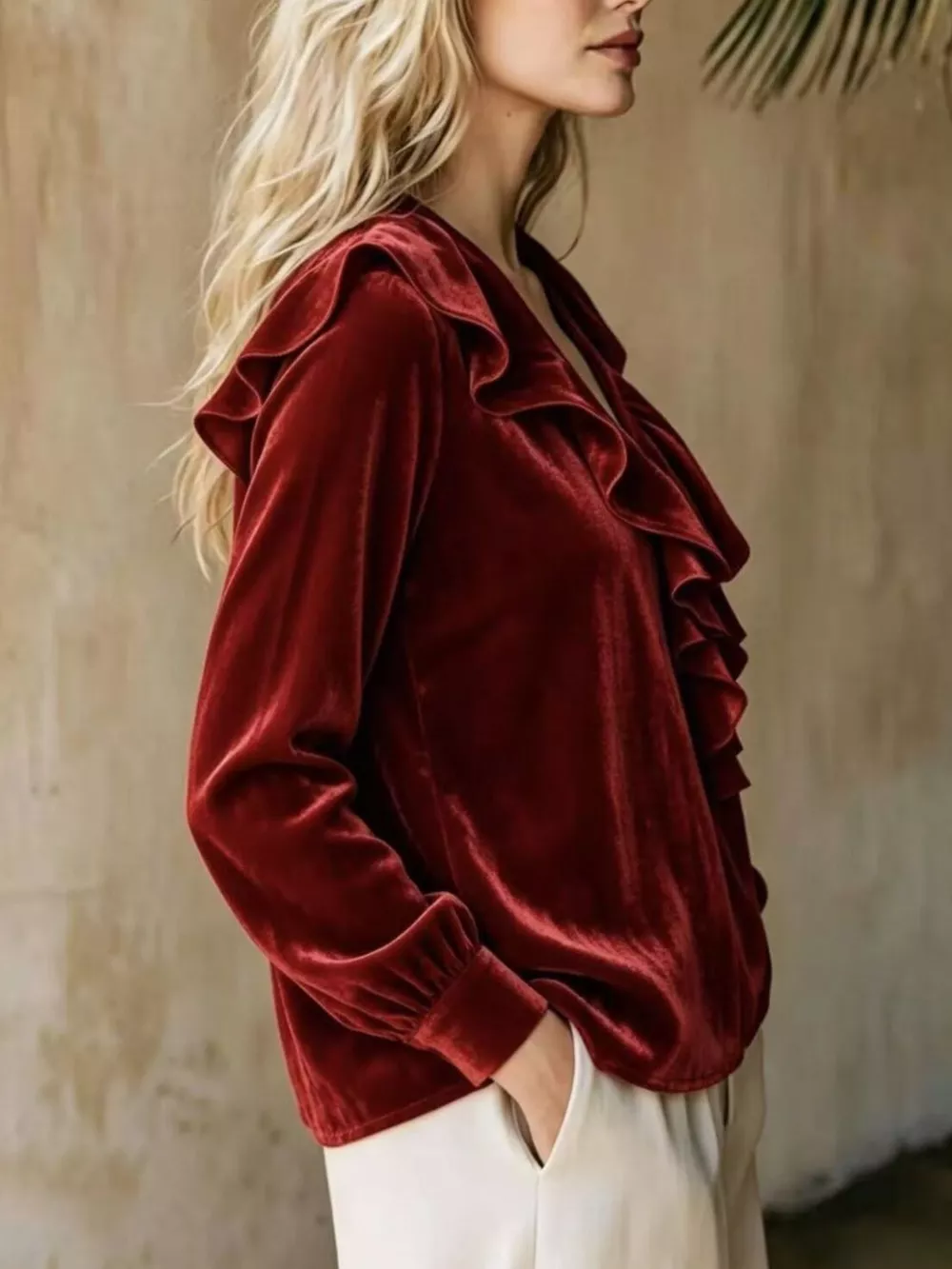 Full Size Ruffled V-Neck Long Sleeve Blouse Plus Size, image 2