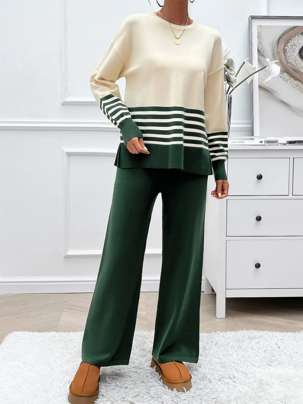 Slit Striped Round Neck Top and Pants Sweater Set, image 5