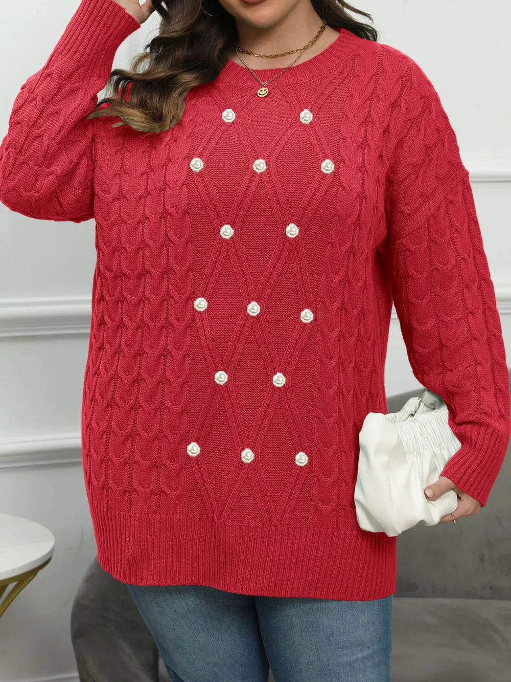 Plus Size Cable Knit Dropped Shoulder Sweater, image 3