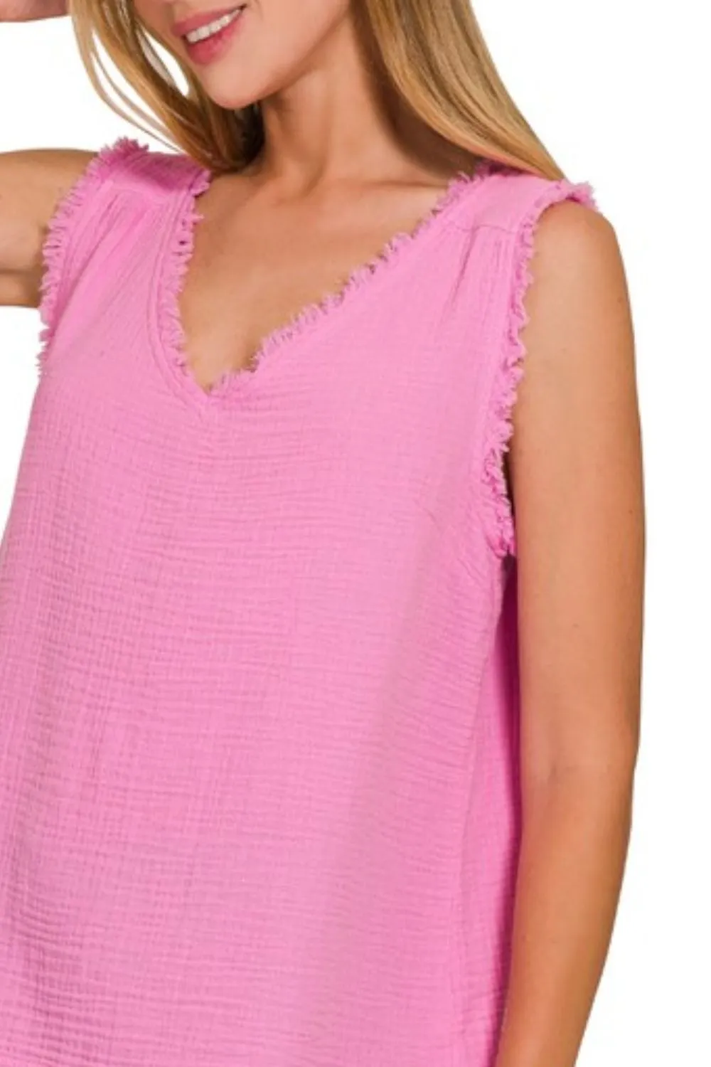 Double Gauze Raw Edge V-Neck Tank, image 3