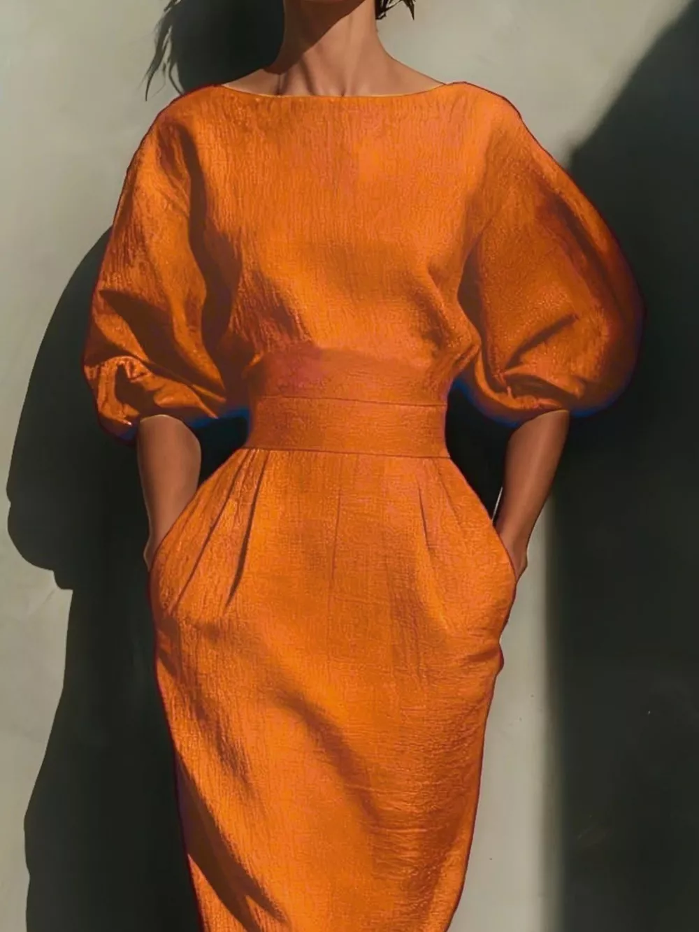 Round Neck Puff Sleeves Midi Dress, image 3