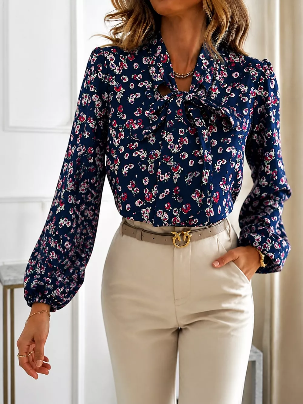 Printed Bow-Tie Neck Long Sleeve Blouse, image 11