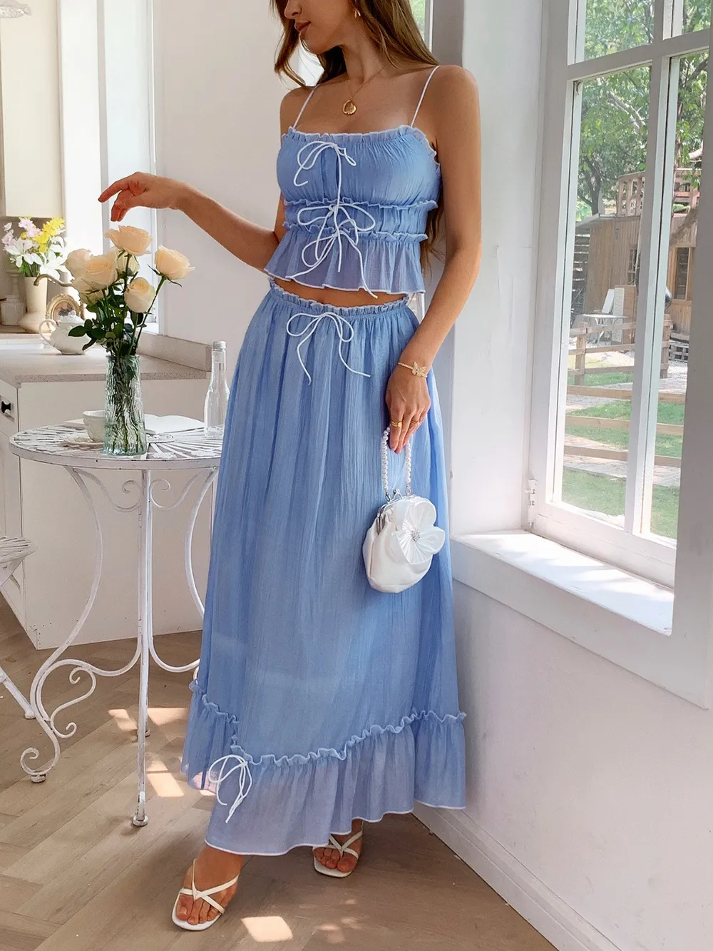 Frill Square Neck Cami and Skirt Set, image 8