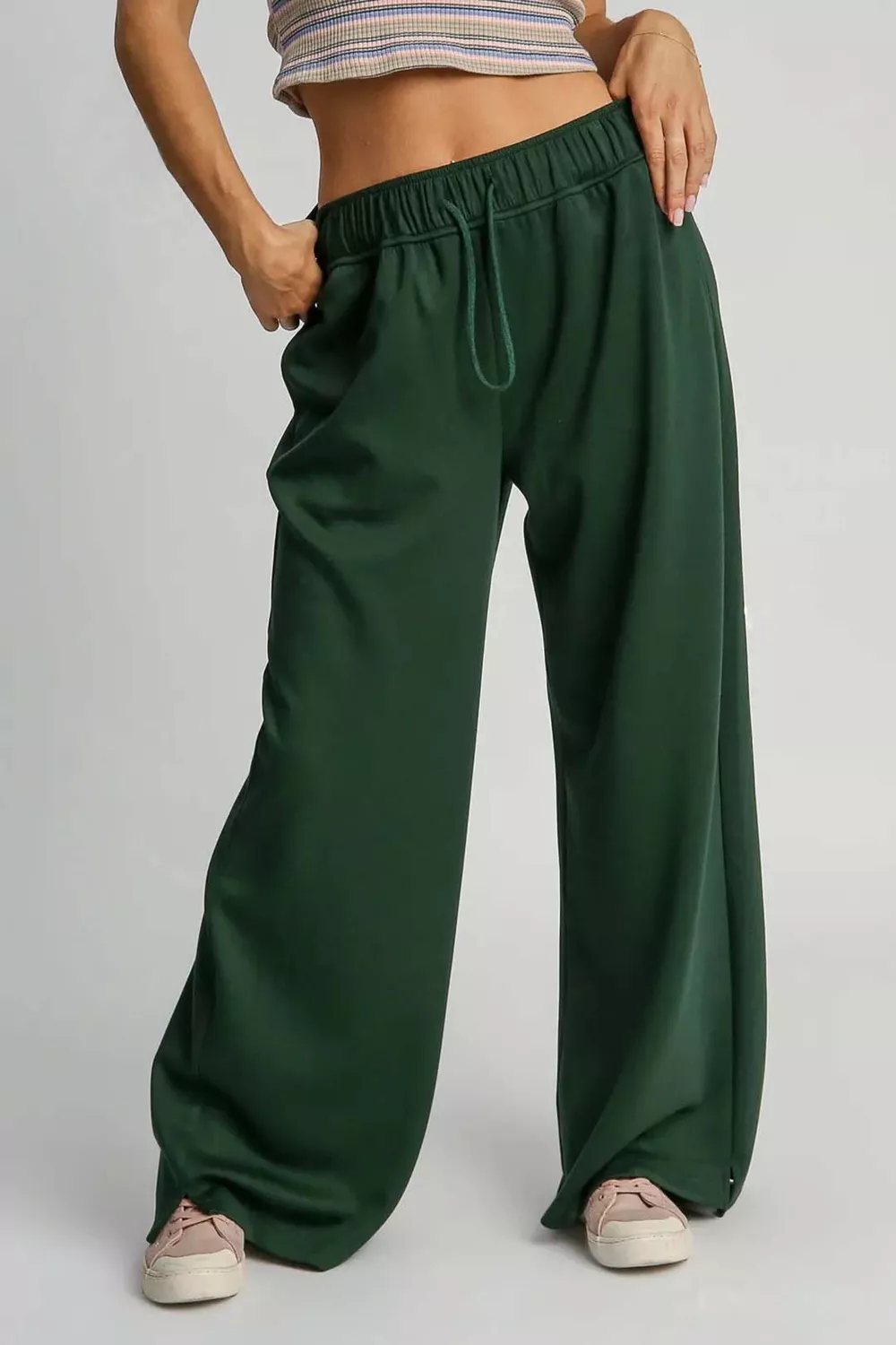 Elastic Drawstring Waistband Wide Leg Pants