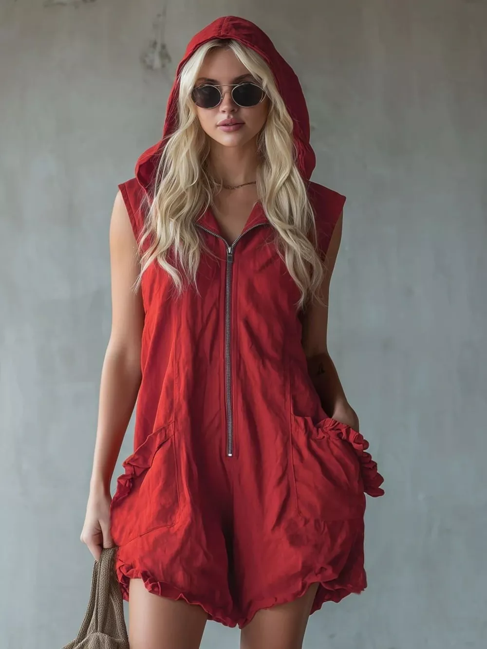 Full Size Hooded Sleeveless Zipper Romper with Ruffled Pockets Plus Size, image 5
