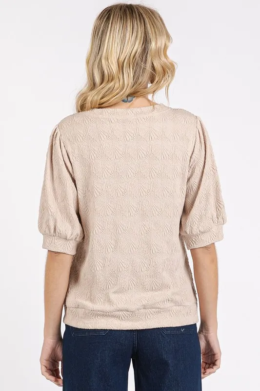 Fan Shell Texture Short Puff Sleeve Knit Top, image 2