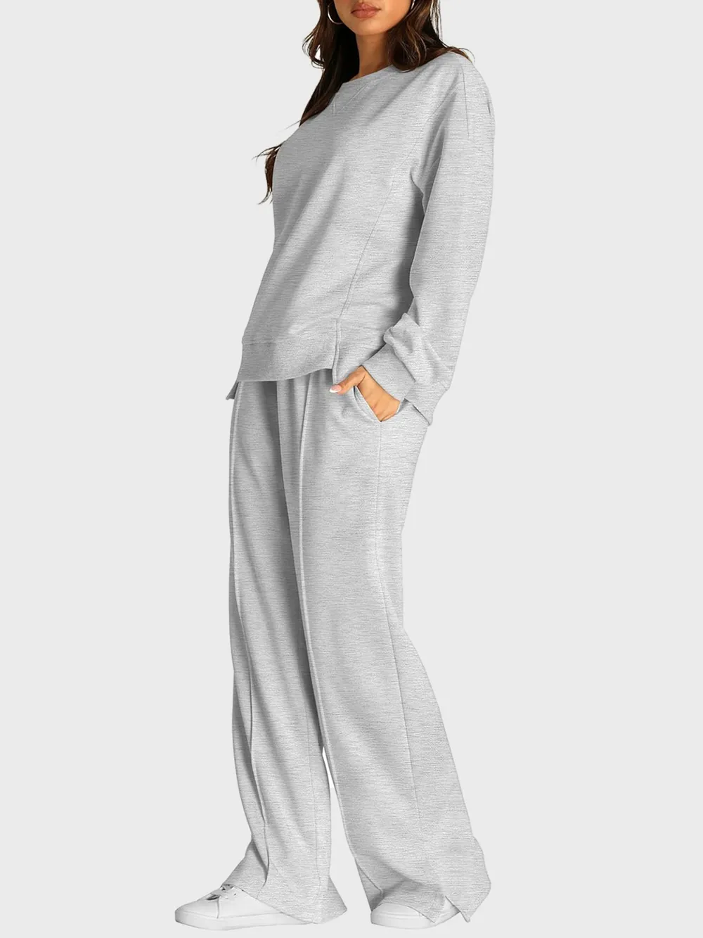 Round Neck Long Sleeve Top and Slit Pants Set, image 10