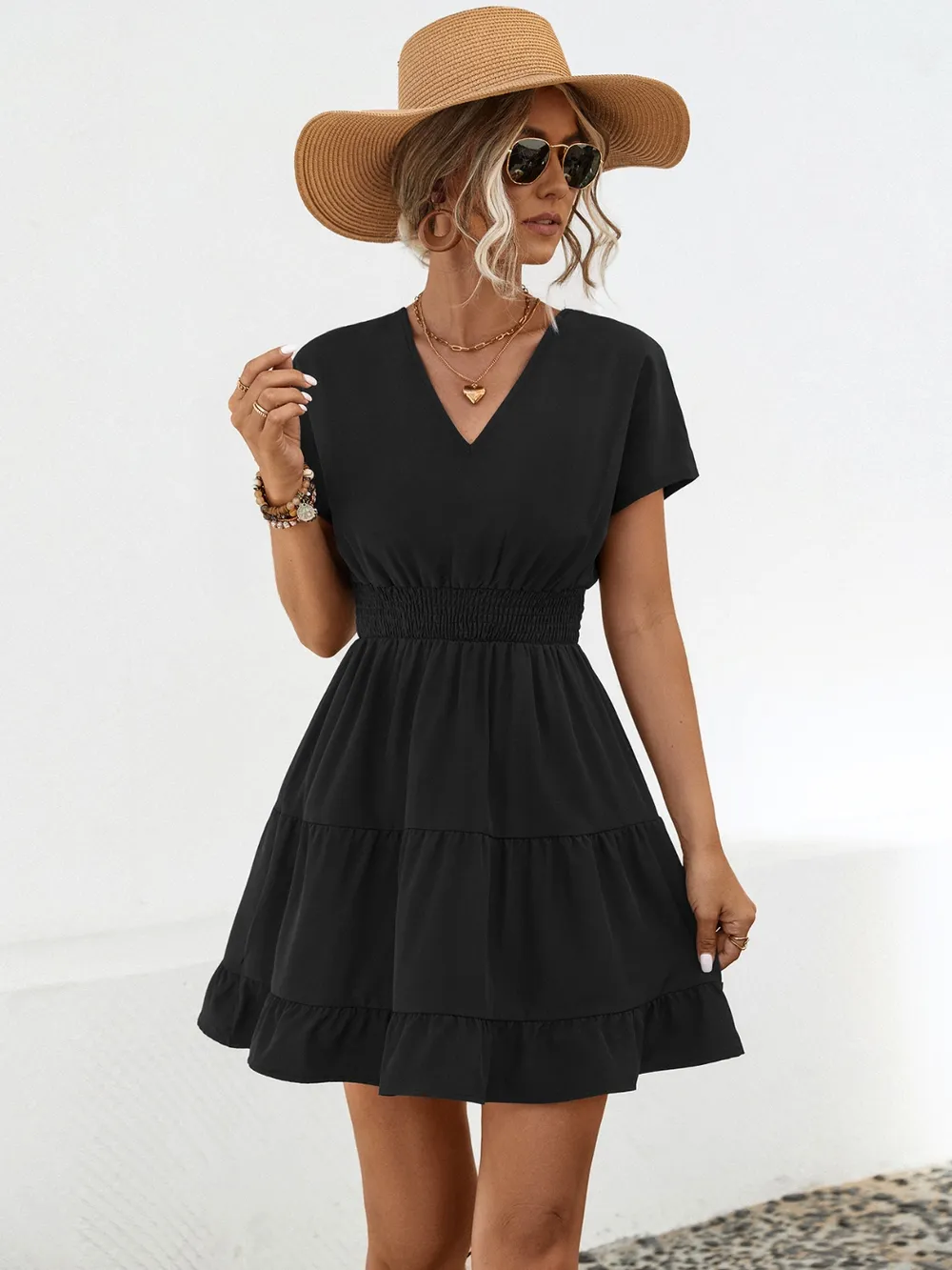 Ruffled Smocked V-Neck Tiered Dress, image 8