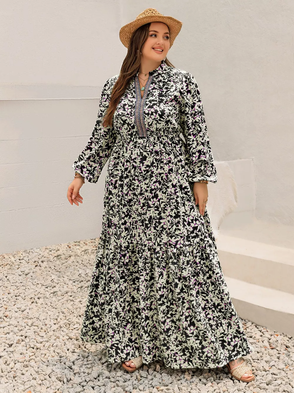 Plus Size Floral Print Long Sleeve Tiered Maxi Dress, image 6