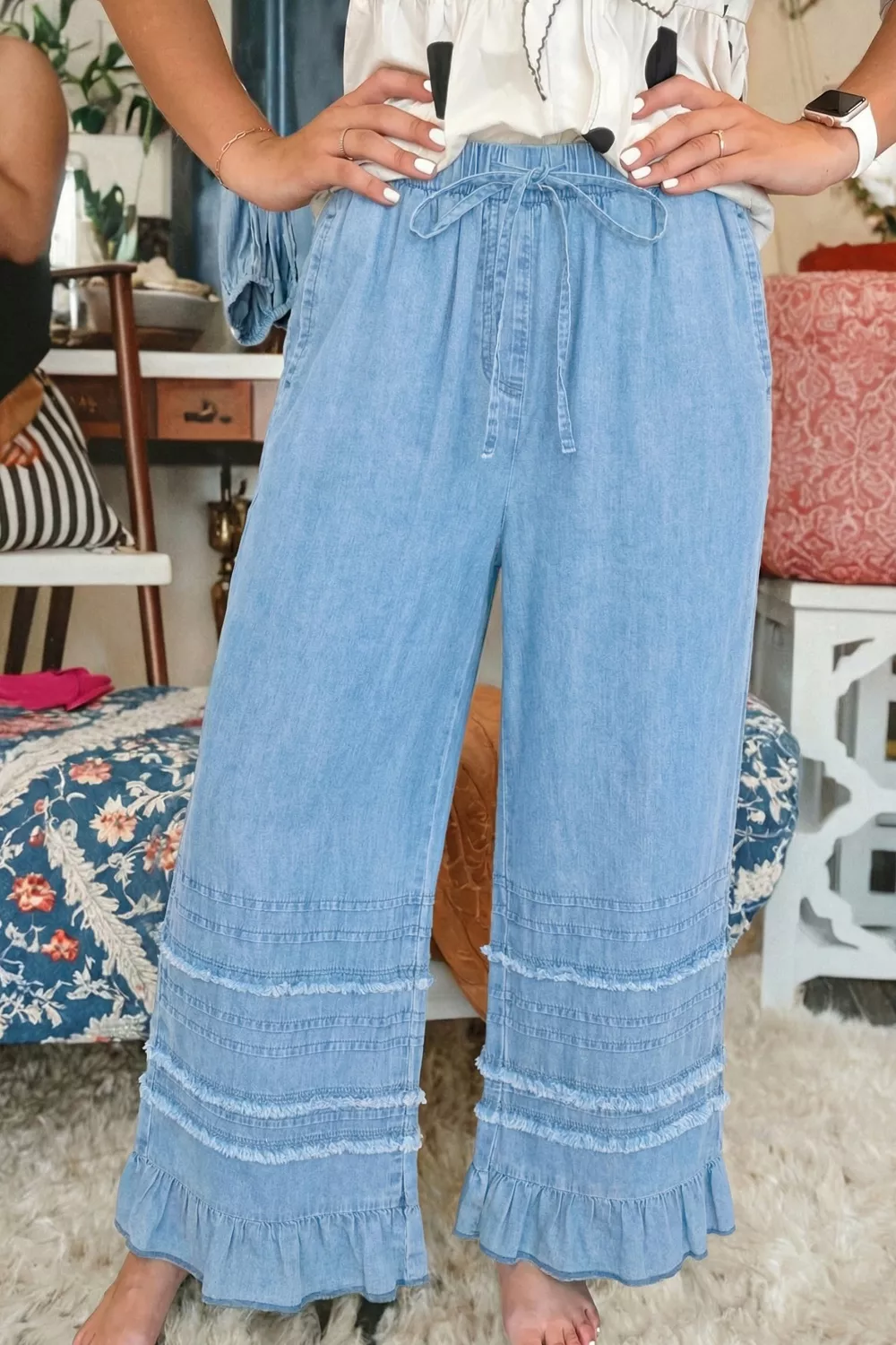 Ruffled Hem Wide Leg Chambray Jeans, image 4