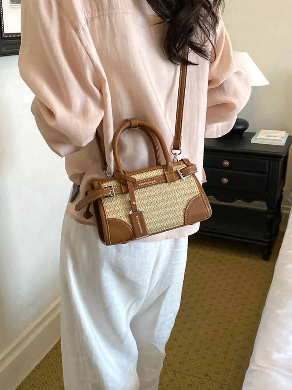 Leather Trim Woven Crossbody Bag, image 4