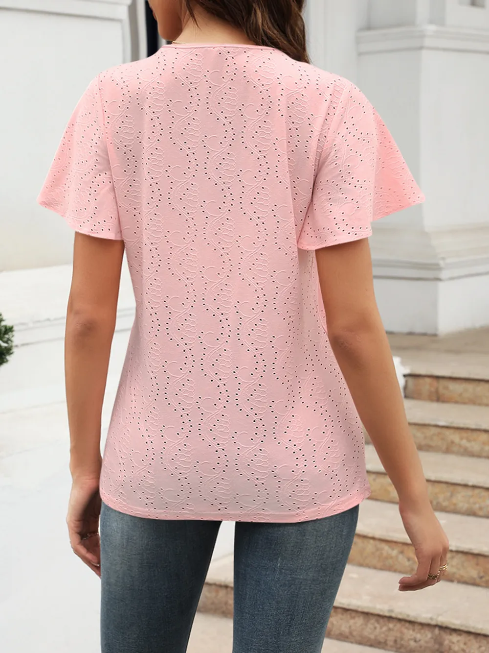 Eyelet V-Neck Short Sleeve Blouse, image 2