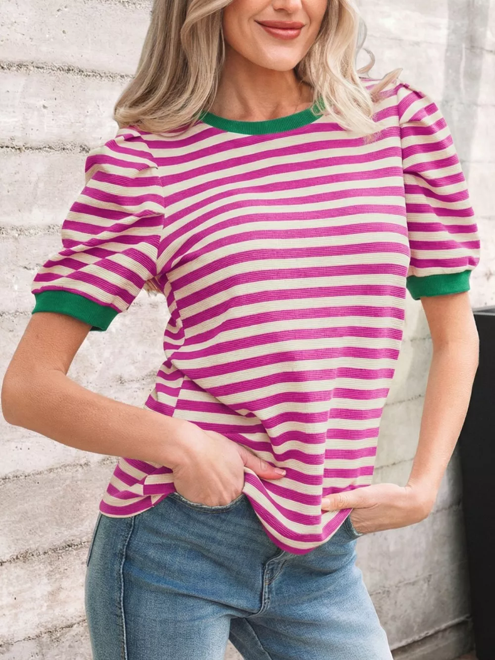 Stripe Short Puff Sleeve Contrast Trim Round Neck Tee, image 4