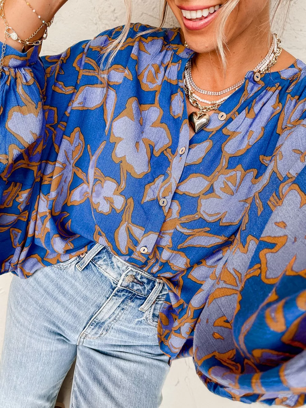 Floral Print Batwing Sleeve Buttoned Loose Fit Shirt, image 7