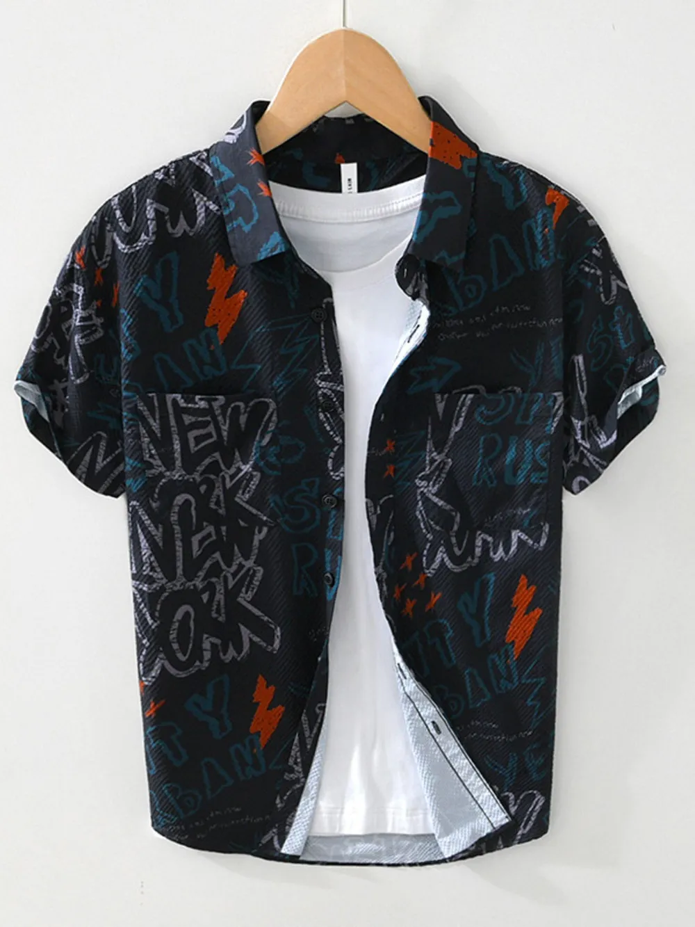 Men's Plus Size Printed Button Up Short Sleeve Shirt, image 2