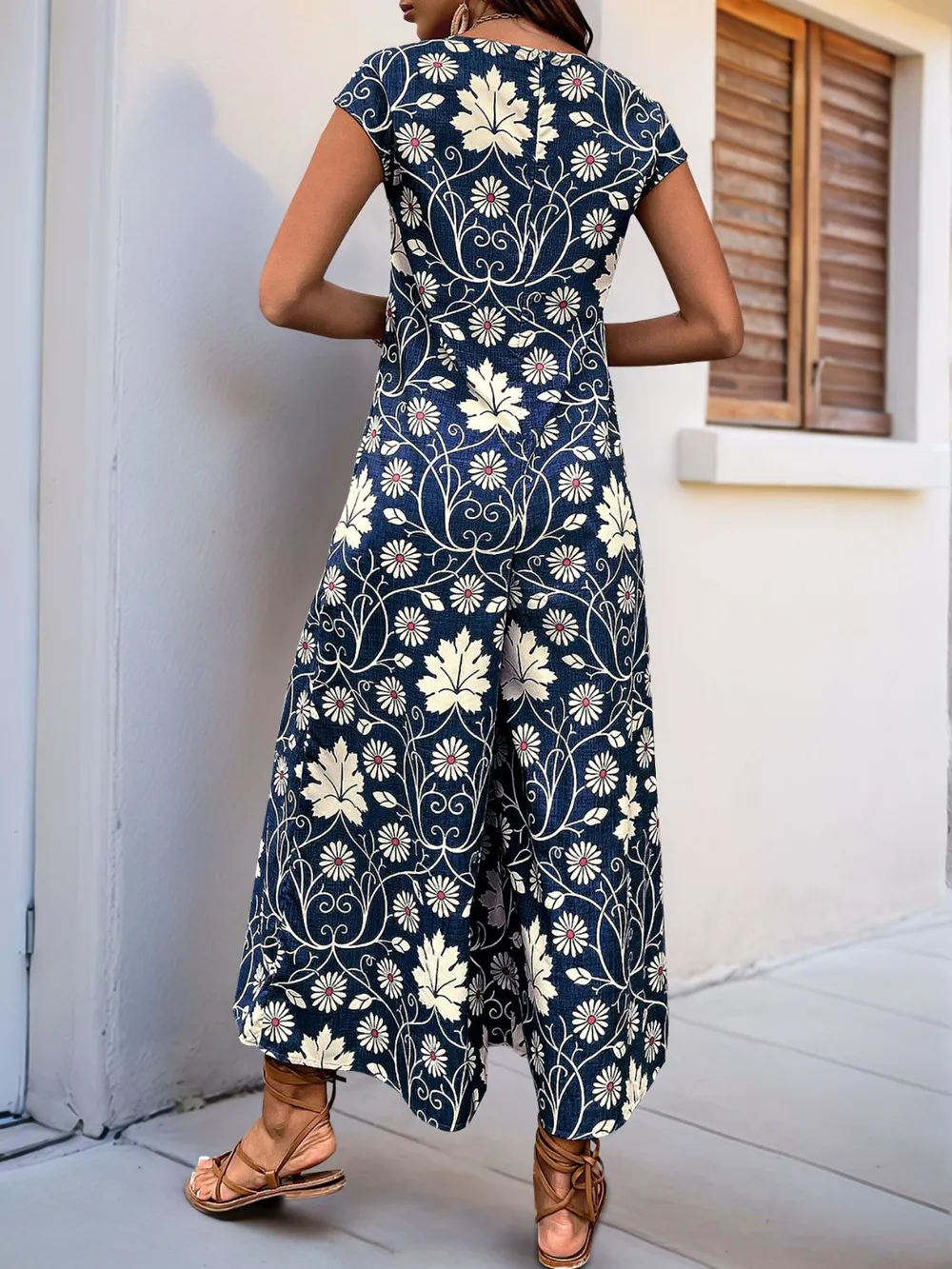 Printed Round Neck Cap Sleeve Wide Leg Jumpsuit, image 14
