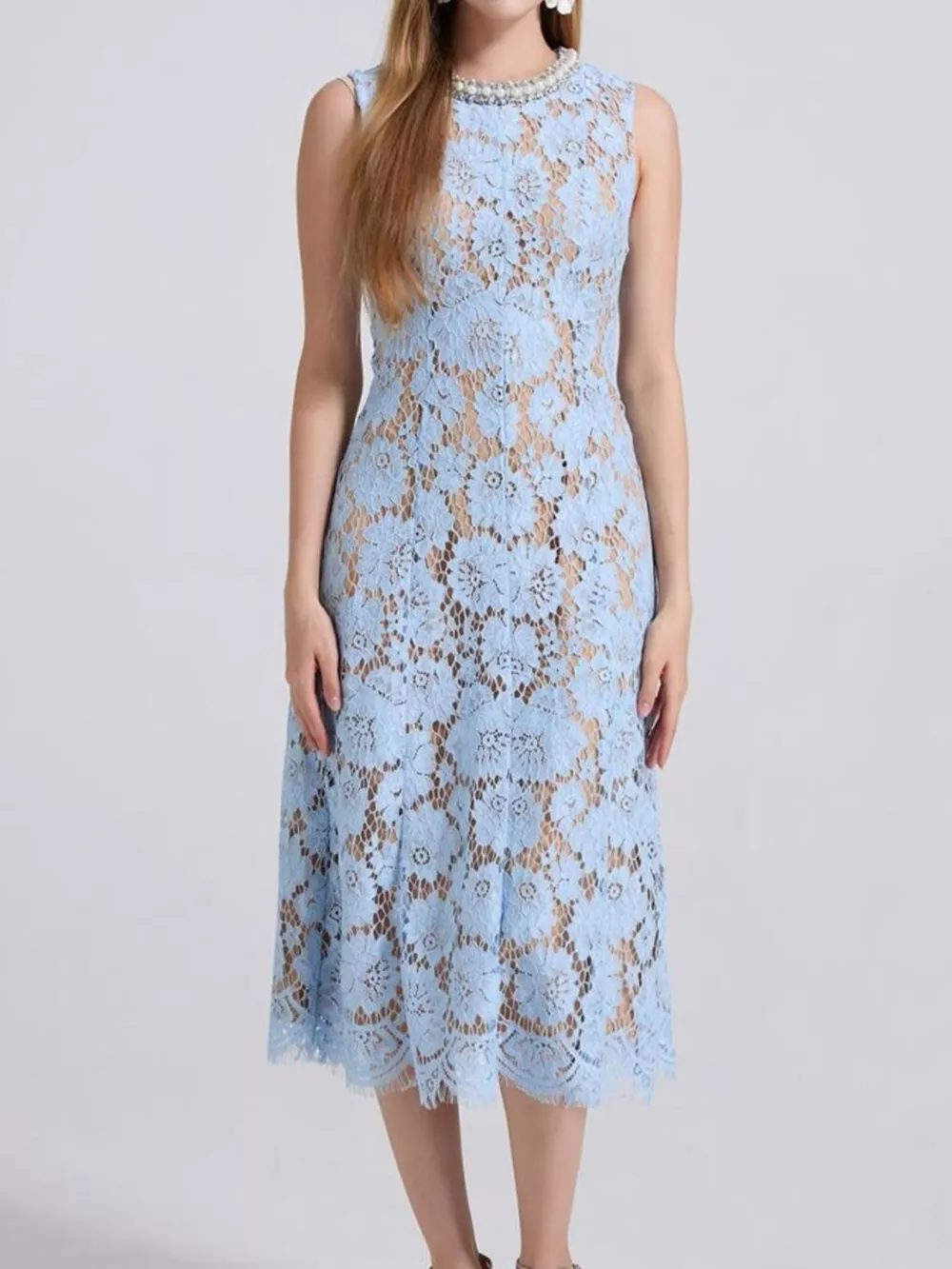 Pearl Neckline Sleeveless Lace Dress, image 8