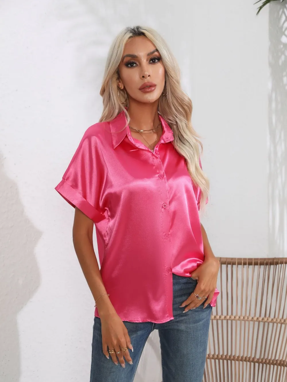 Button Down Collared Neck Short Sleeve Satin Shirt, image 2