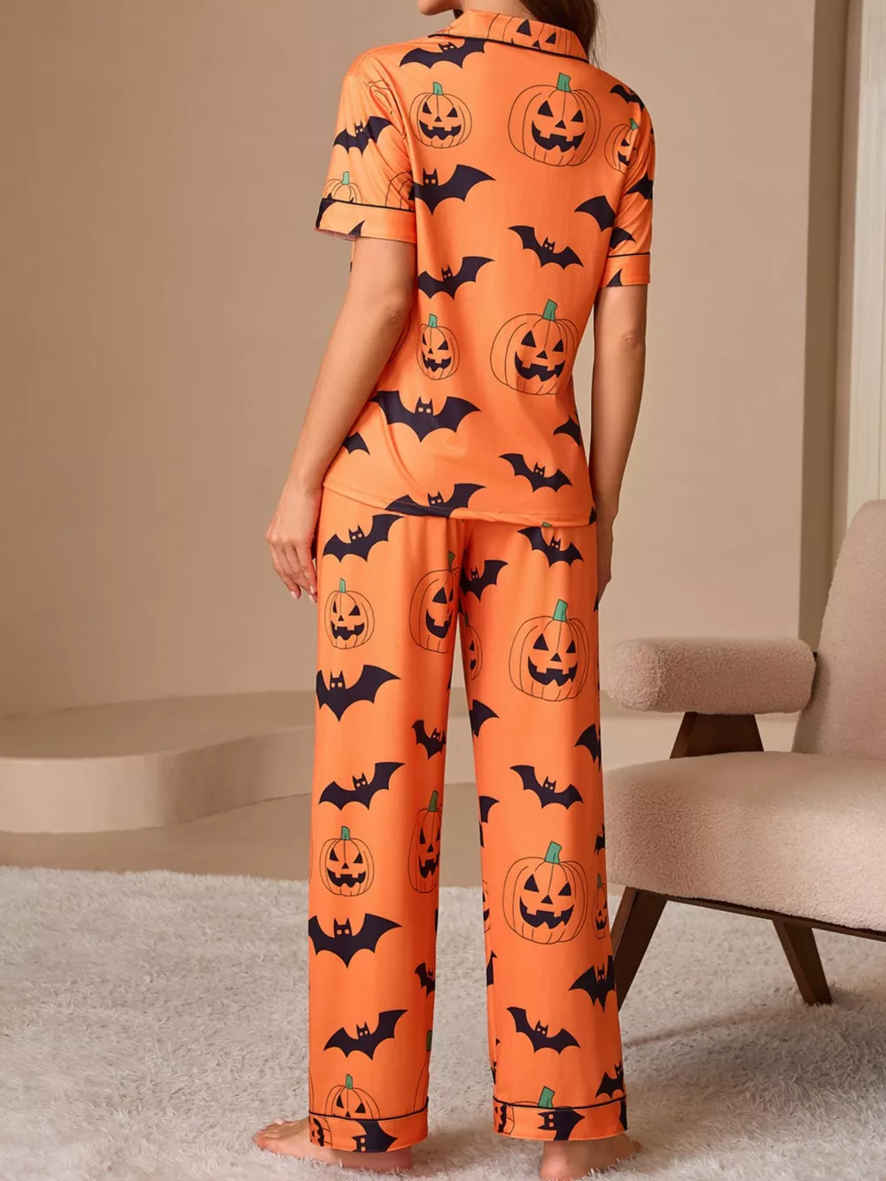Halloween Pumpkin and Bat Print Button-Down Top and Pants Lounge Set, image 8