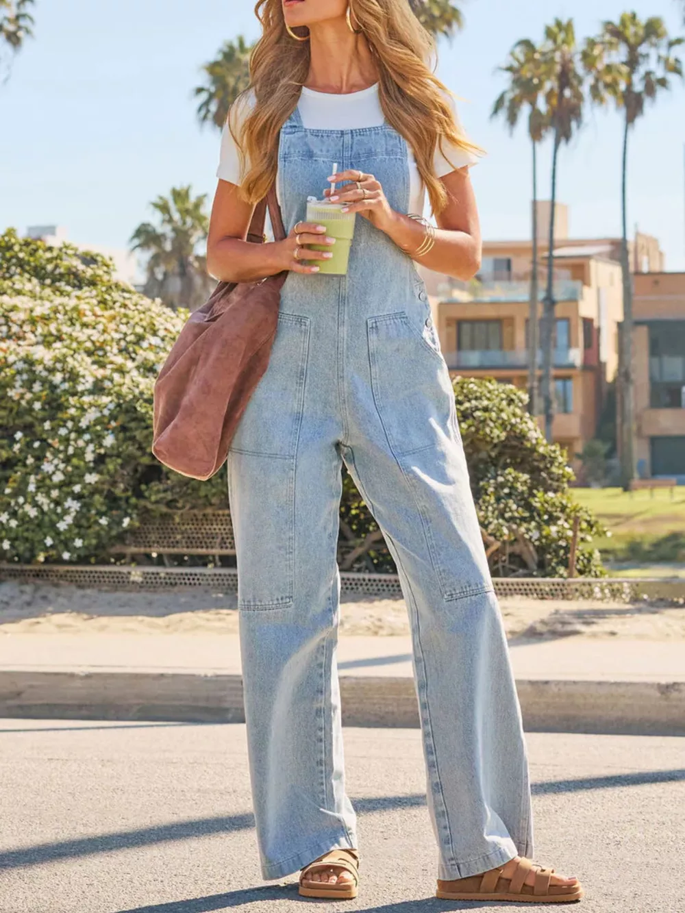 Wash Wide-Leg Denim Overalls, image 3