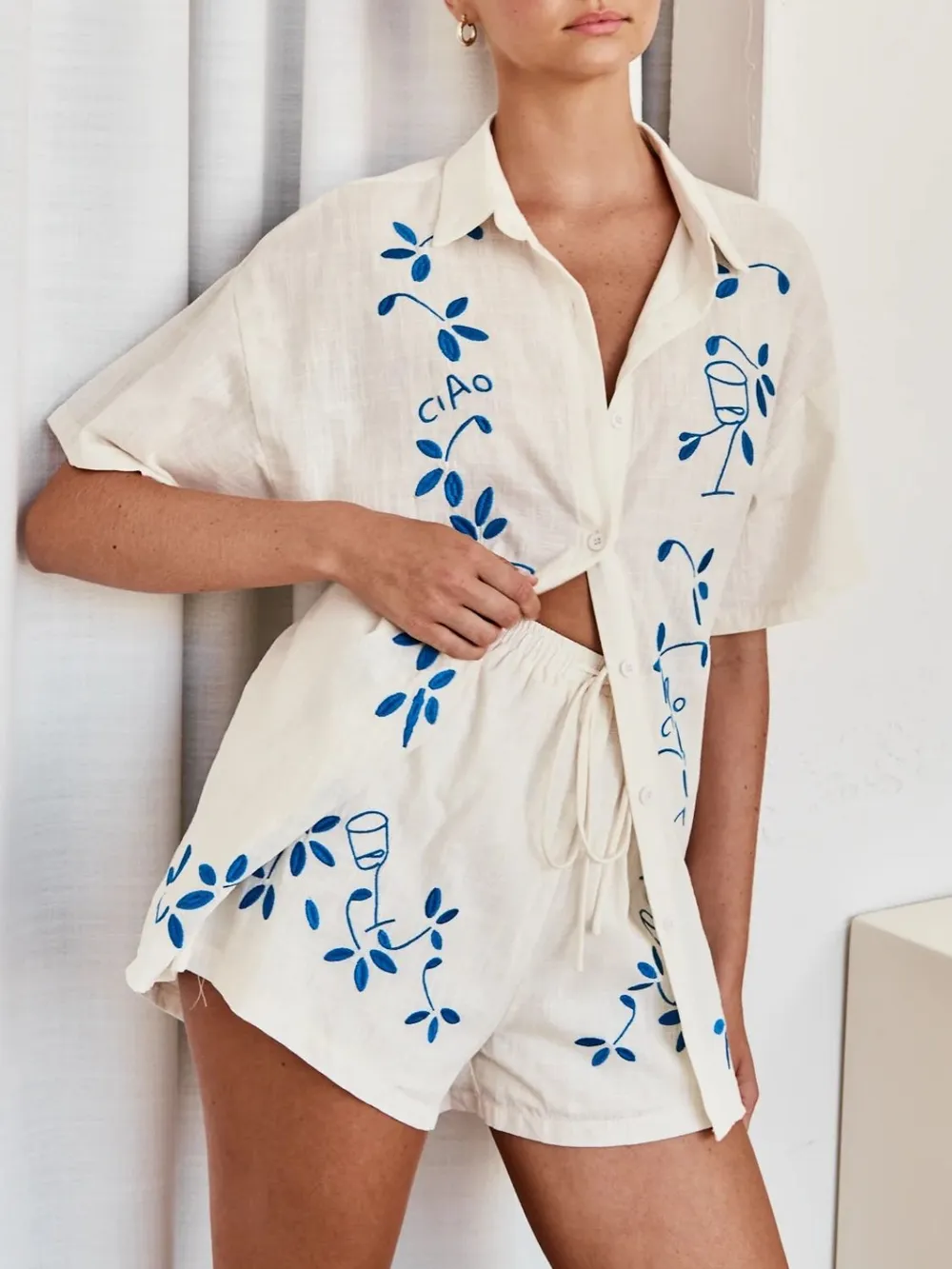 Embroidered Button Up Half Sleeve Top and Shorts Set, image 5