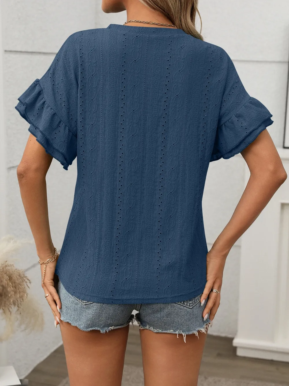 Eyelet Round Neck Flounce Sleeve Top, image 12