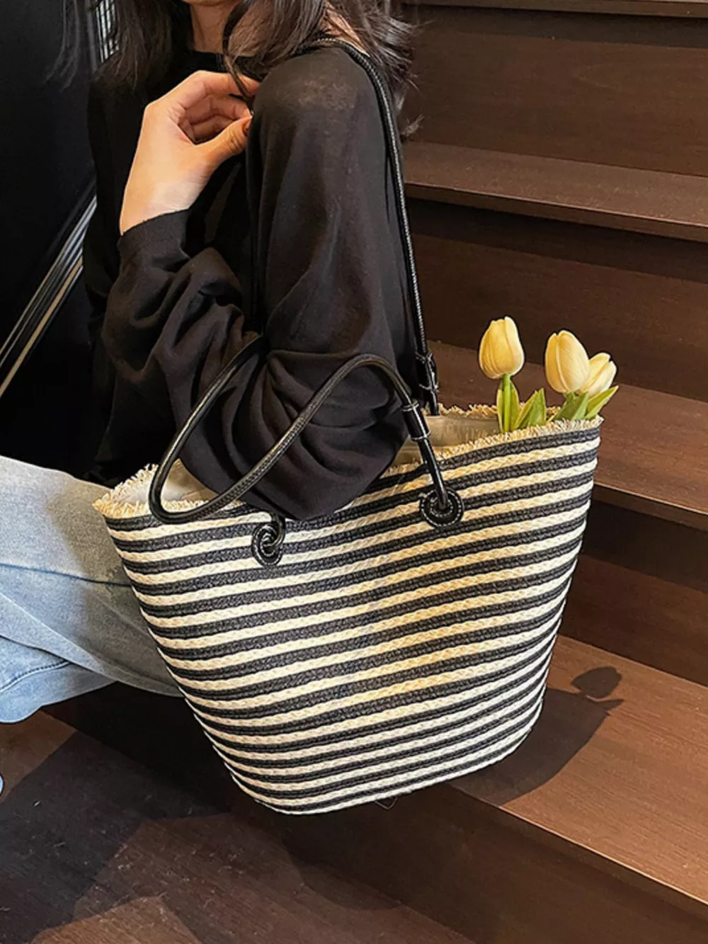 Striped Woven Straw Shoulder Bag, image 2