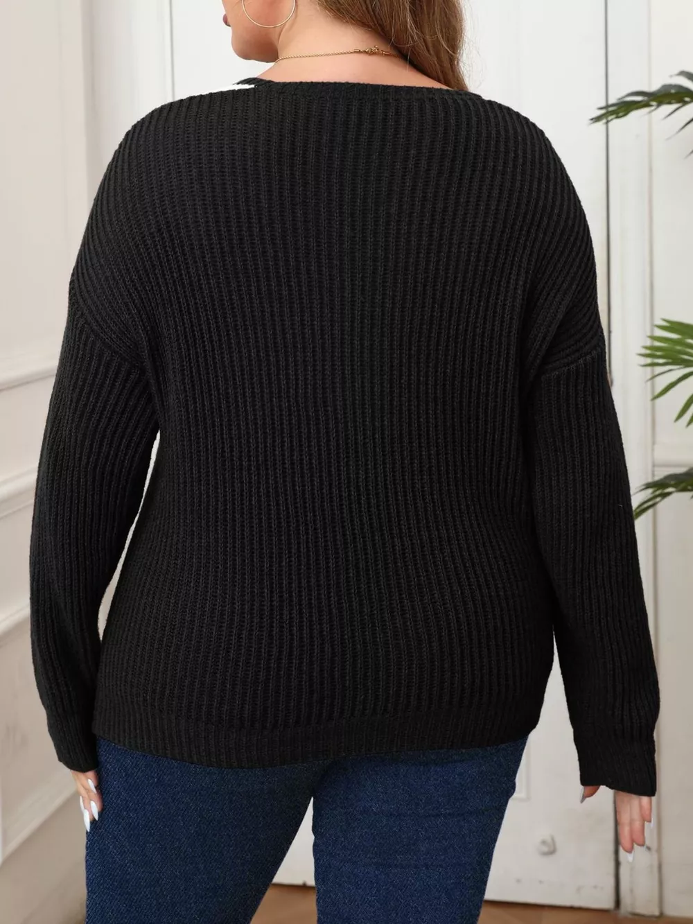 Plus Size Contrast Trim Button-Decorated Sweater, image 4