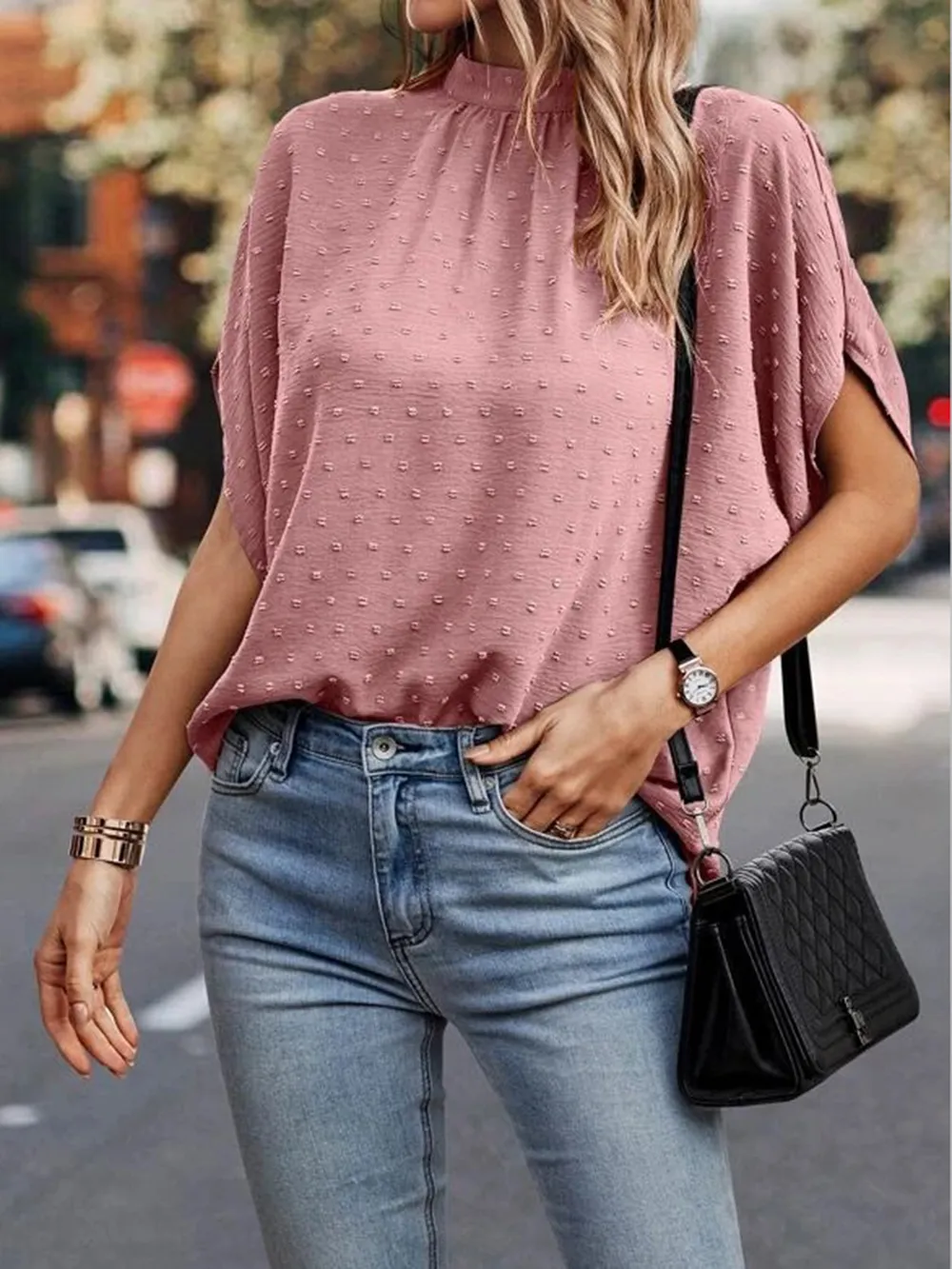Swiss Dot Mock Neck Half Sleeve Blouse, image 26