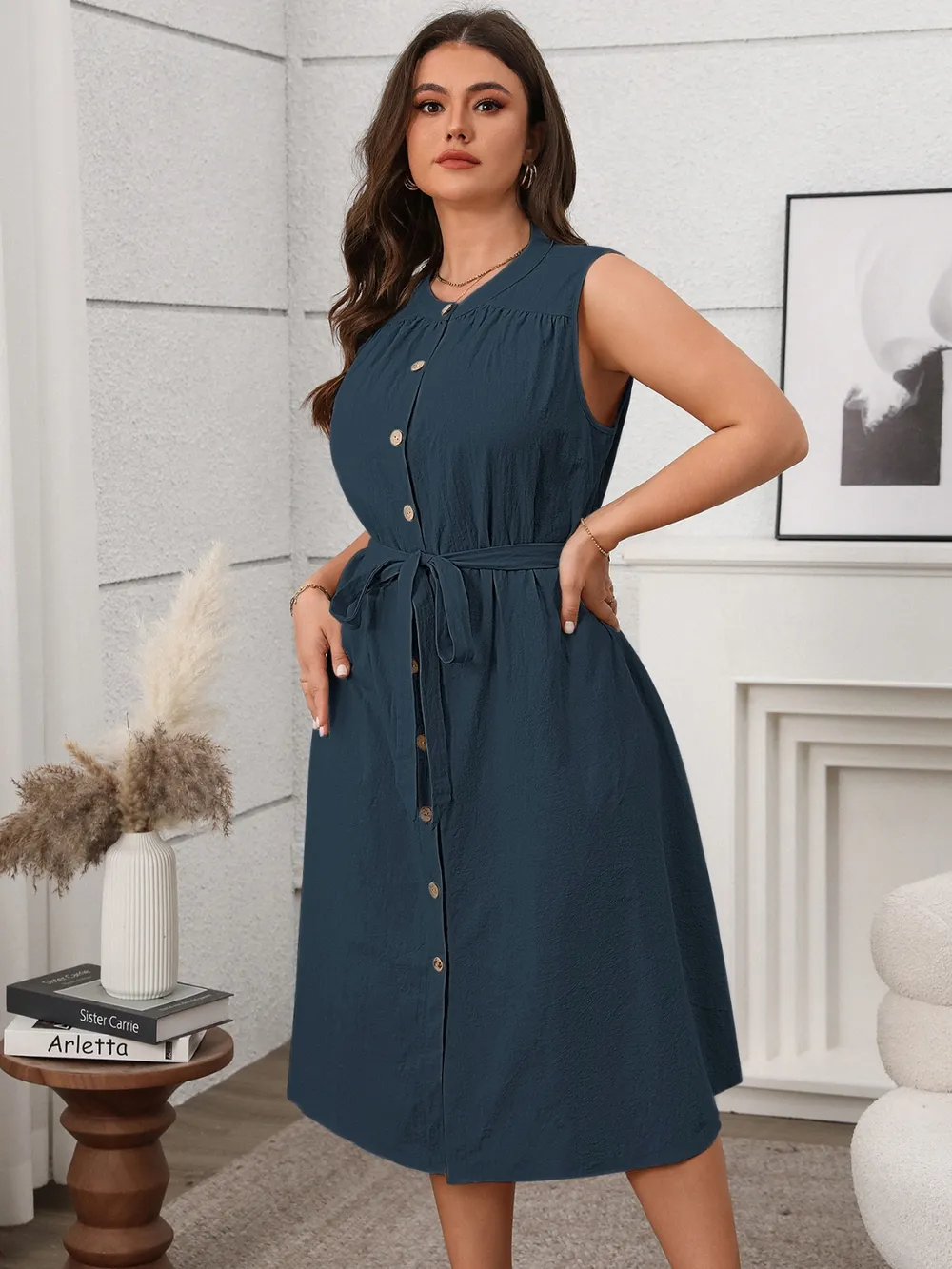 Plus Size Button Front Tie Waist Sleeveless Dress
