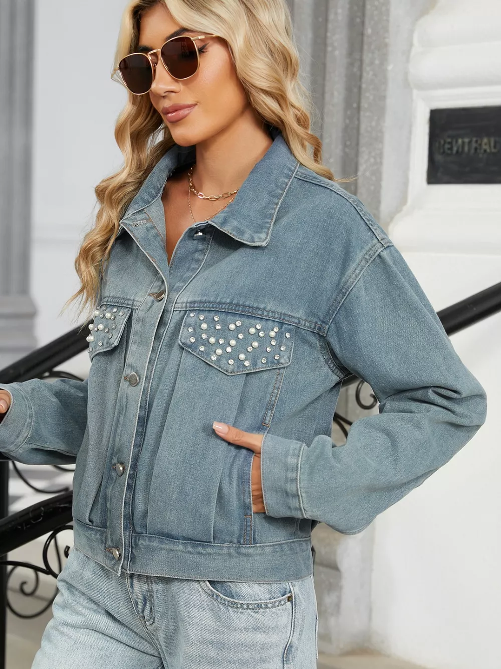 Rhinestone & Peal Trim Button Down Long Sleeve Denim Jacket, image 3