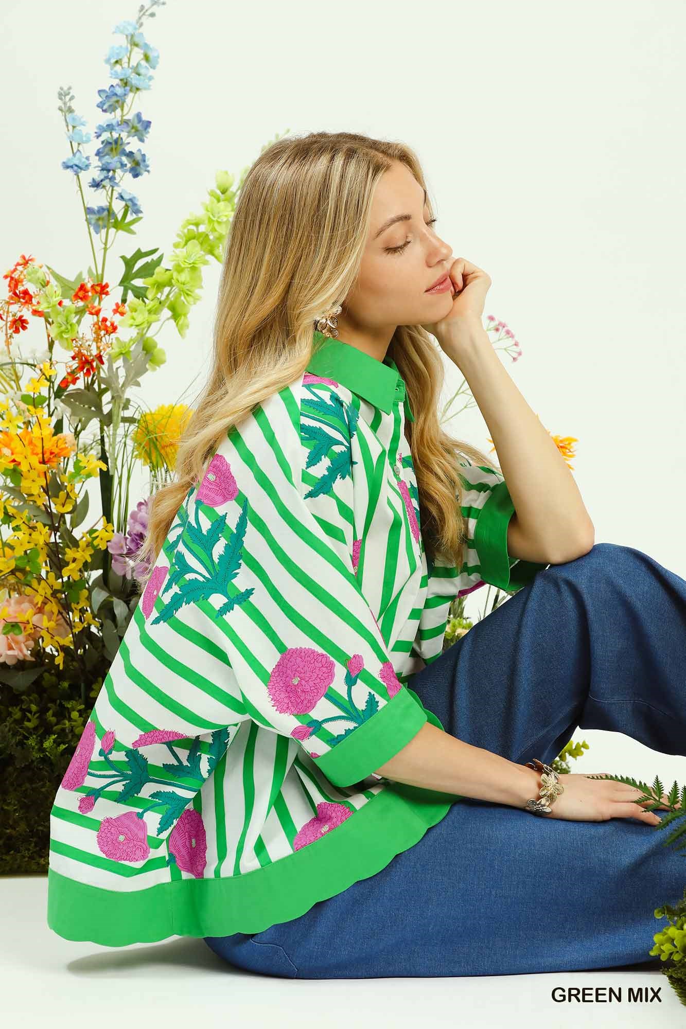 Mix Floral Stripe Button Down Top, image 4