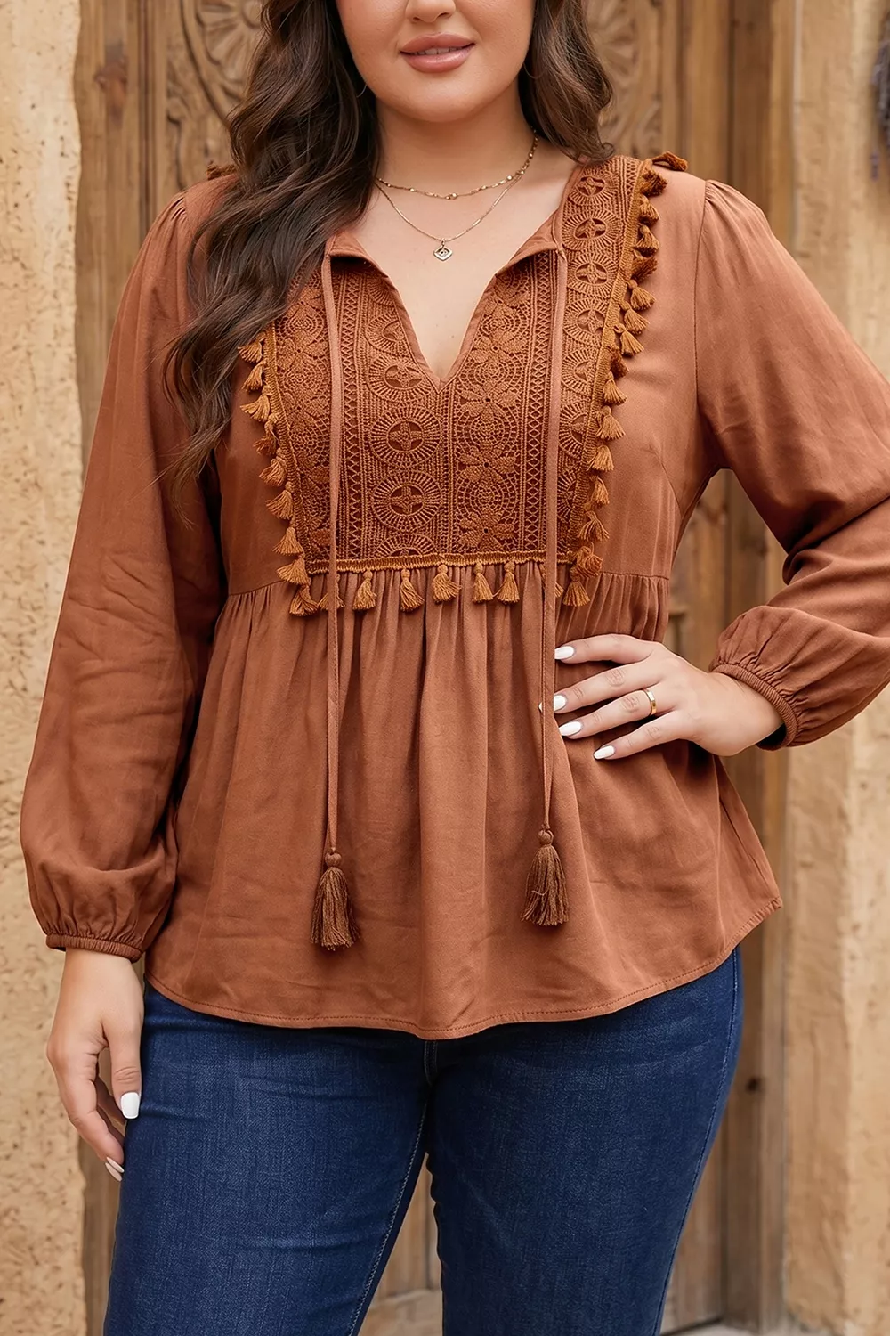 Plus Size V Neck Embroidered Tassel Long Sleeve Blouse, image 2