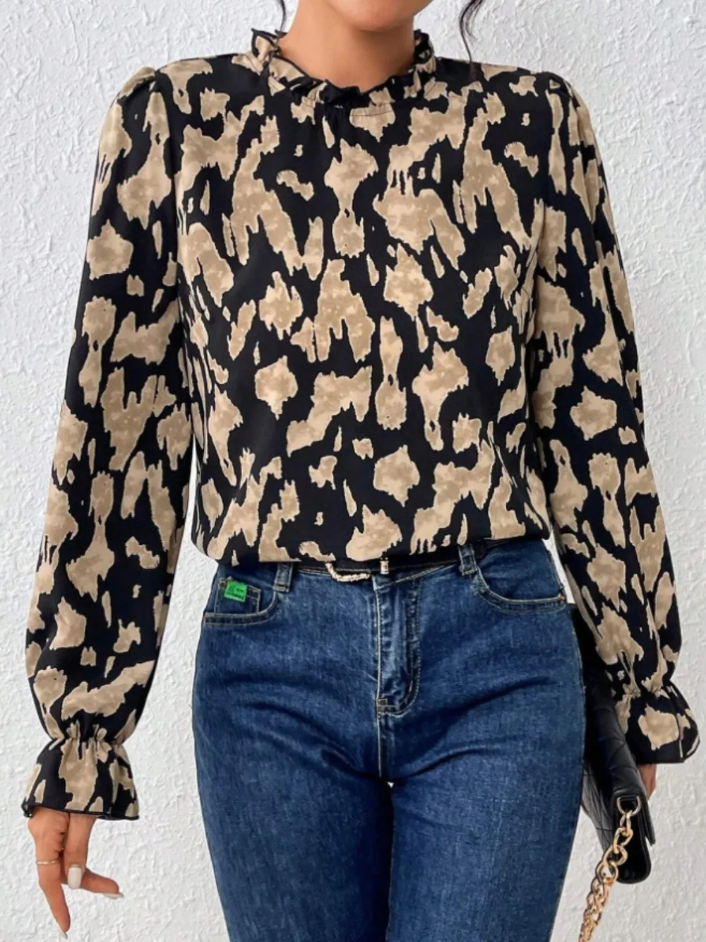 Frill Leopard Mock Neck Flounce Sleeve Blouse, image 5