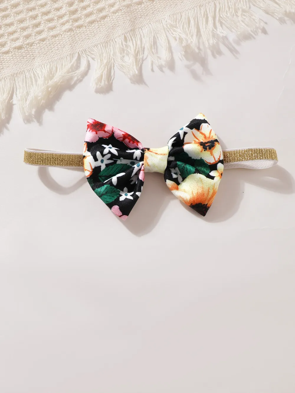 Children's Ruffled Bow Contrast Floral Dress with Headband, image 3