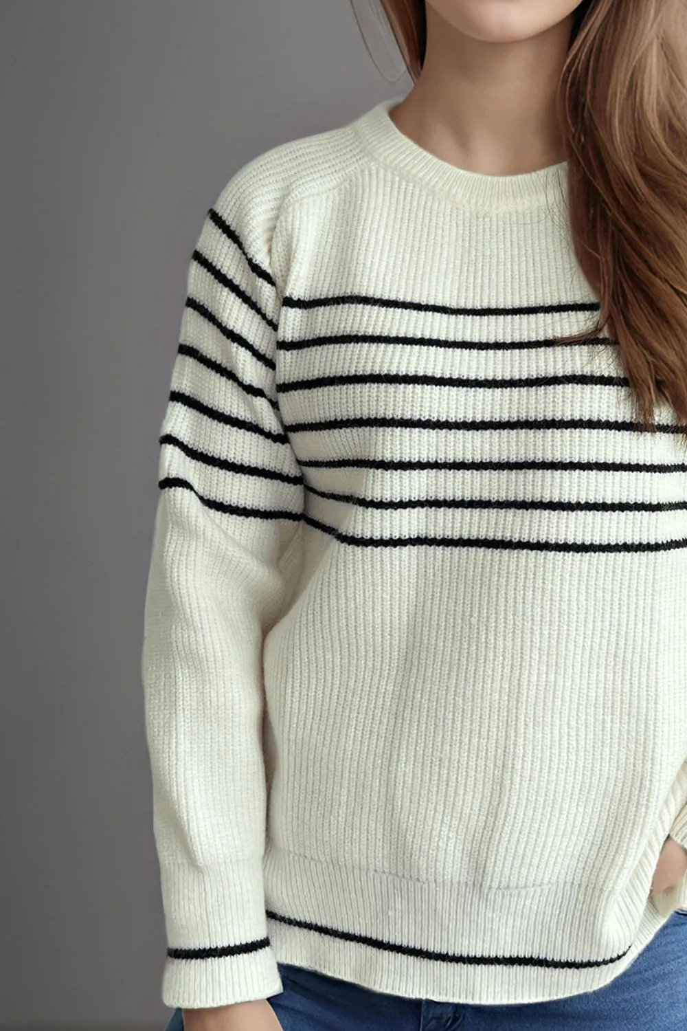 Striped Round Neck Long Sleeve Sweater, image 3