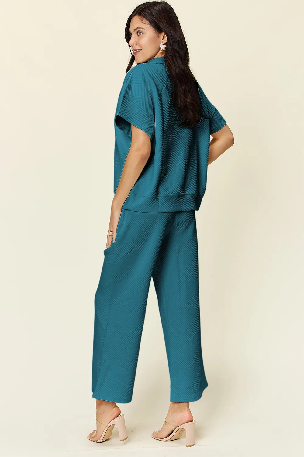 Full Size Texture Half Zip Short Sleeve Top and Pants Set, image 7