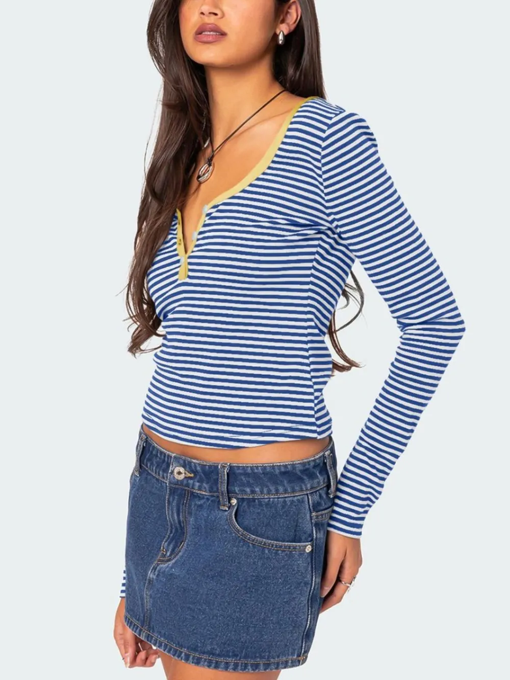 Buttoned Striped Long Sleeve T-Shirt, image 13