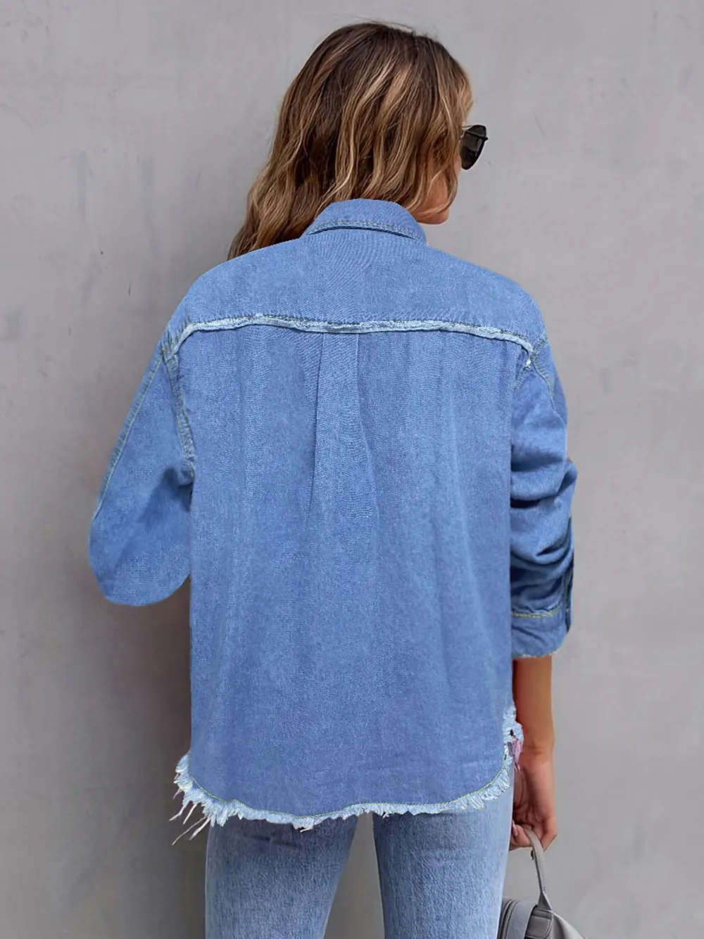 Pocketed Collared Neck Long Sleeve Denim Shirt, image 5