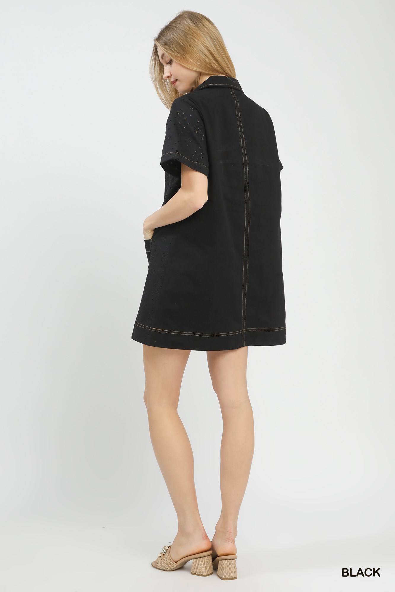 Eyelet Short Sleeve Shift Dress with Pocket, image 2