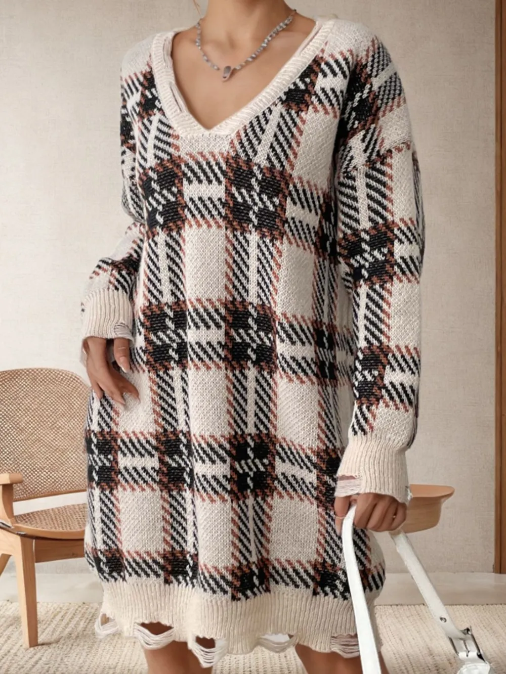 Distressed Plaid V-Neck Long Sleeve Sweater Dress, image 3