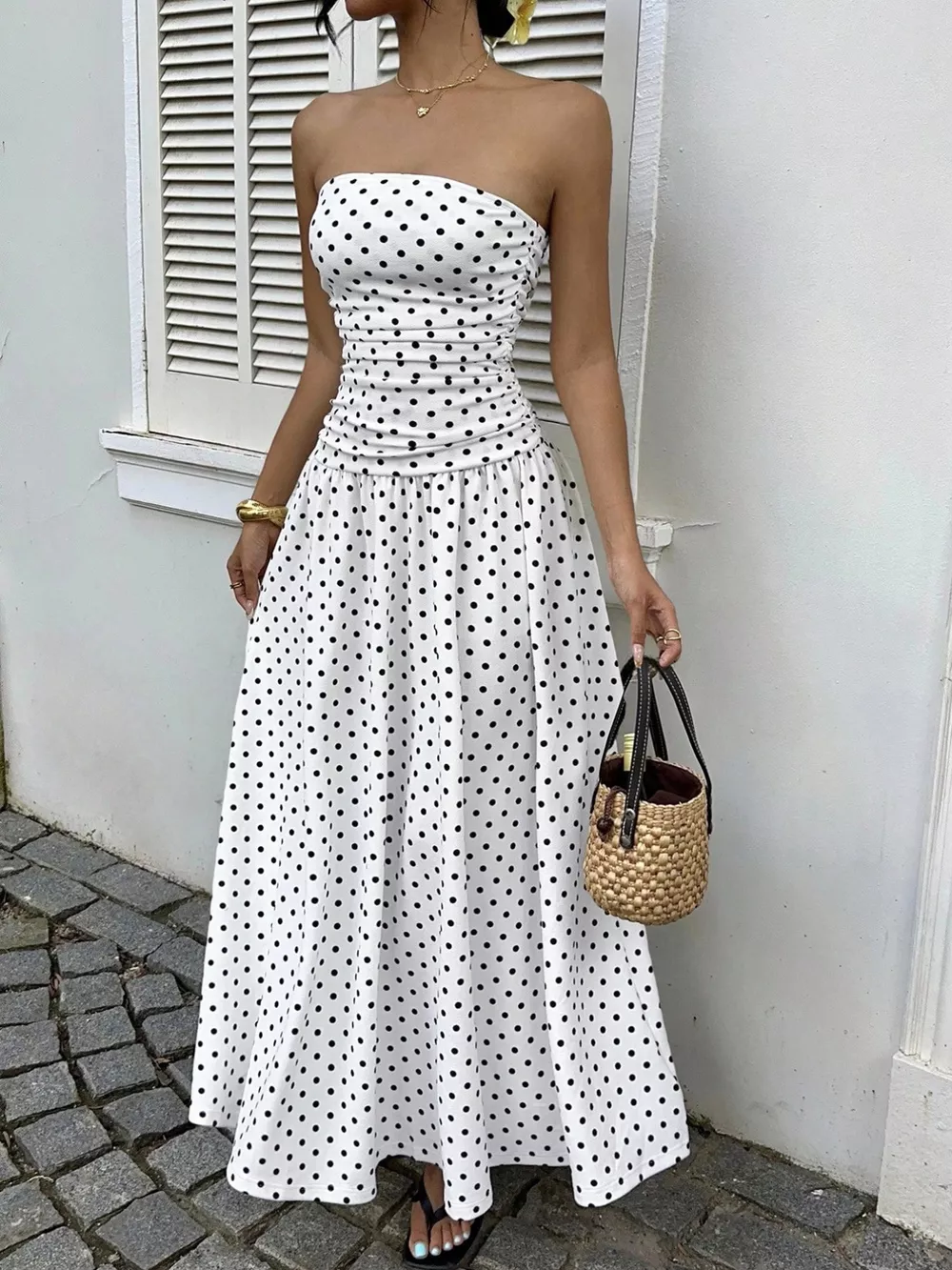 Polka Dot Ruched Strapless Maxi Dress, image 7